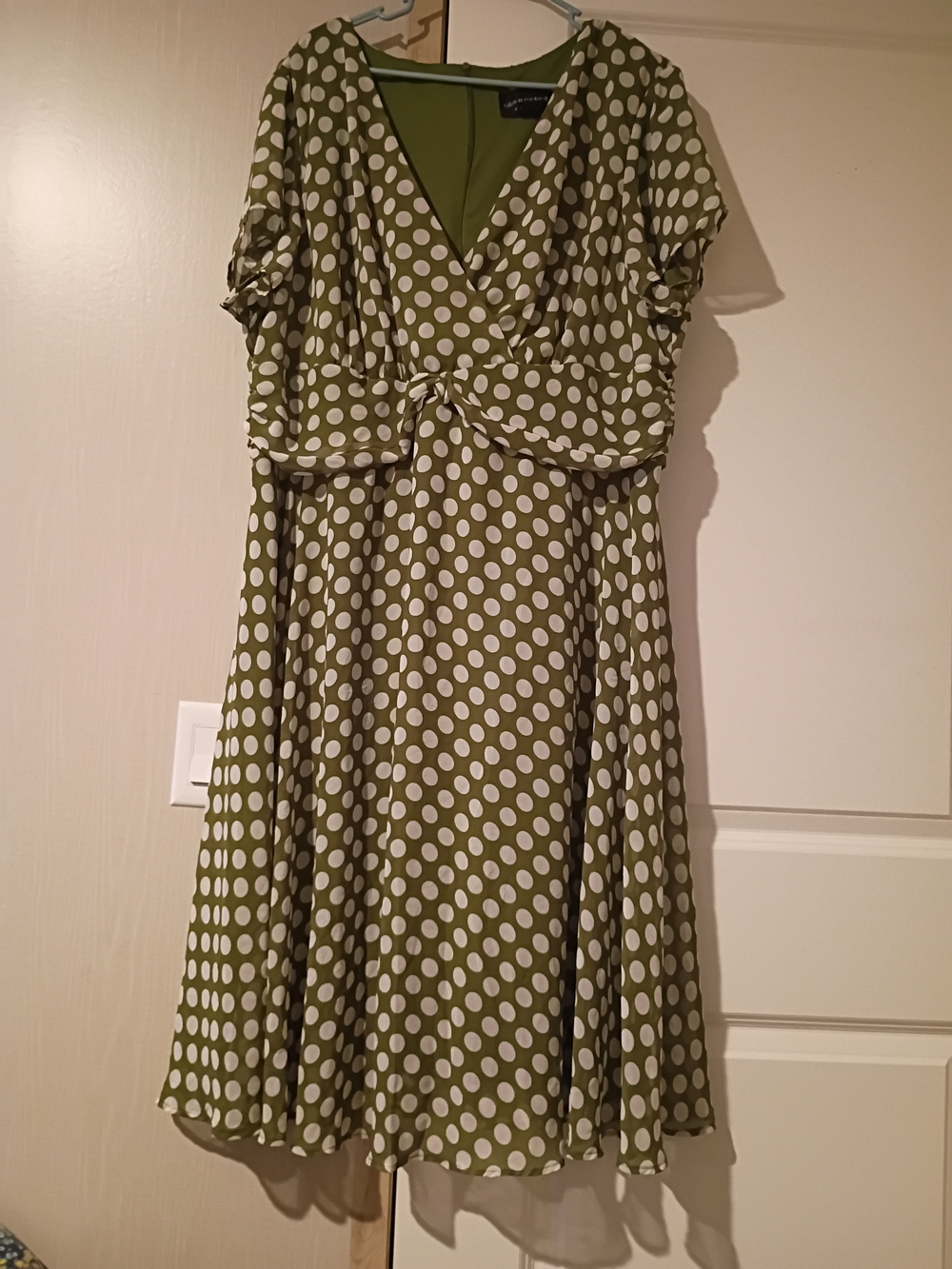 Connected Woman Short Sheer Sleeve Green Polka Dot Dress Size 24W GUC OBO